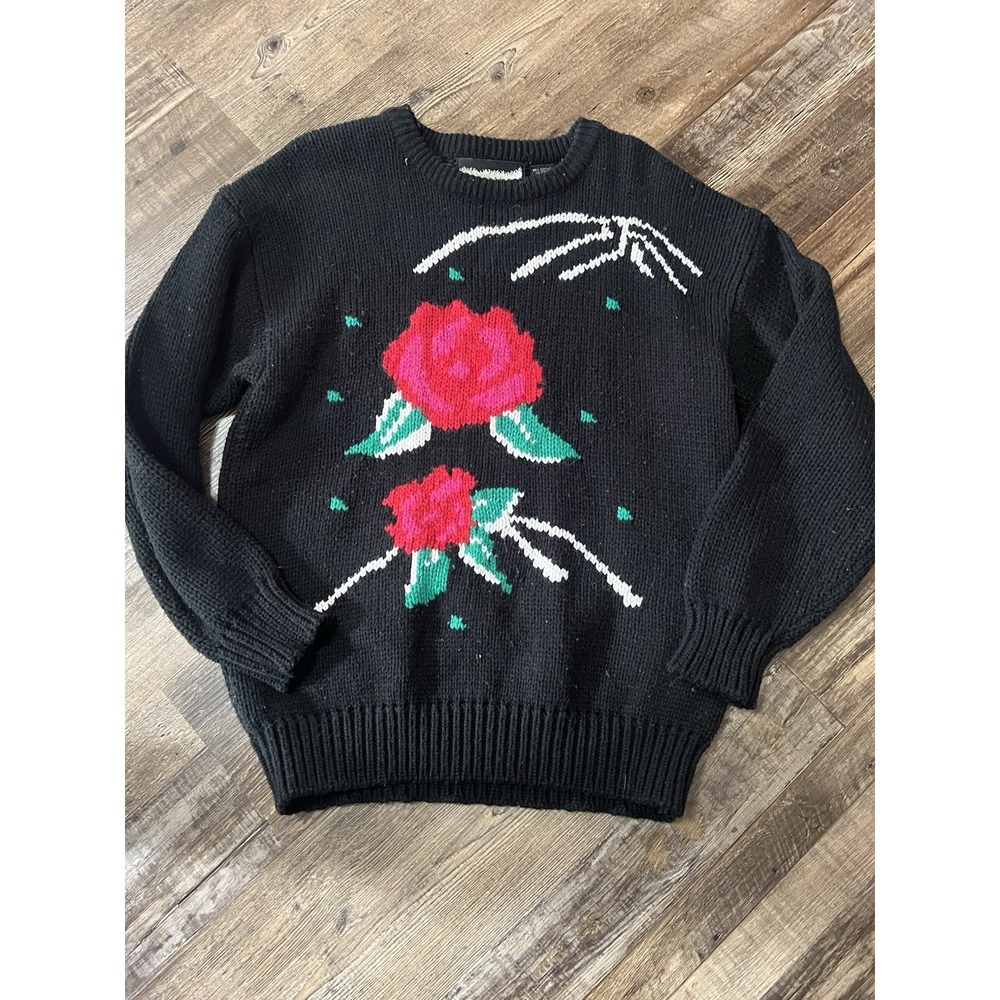 80s Vintage Womens M Rose Print Crew Neck Sweater Bramble Lane Metallic Yarn